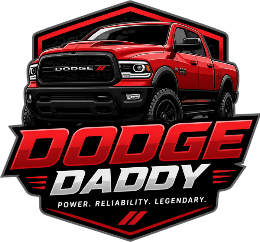 The Dodge Daddy badge: a red Ram pickup on a hexagonal shield above the words Dodge Daddy and the line Power. Reliability. Legendary.